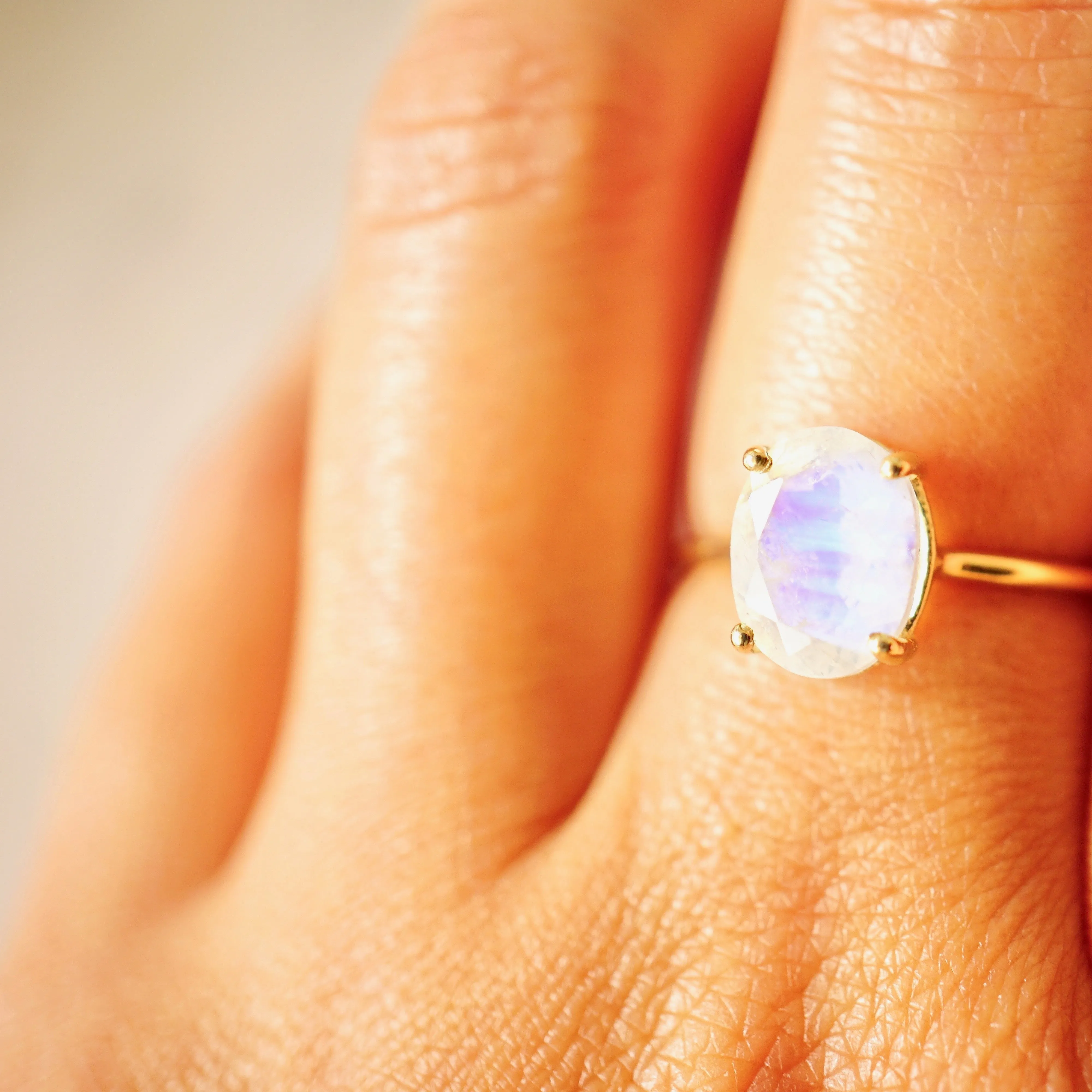 Oval Moonstone Solitaire Ring - Rainbow Moonstone Gold Ring - Moonstone Engagement Ring