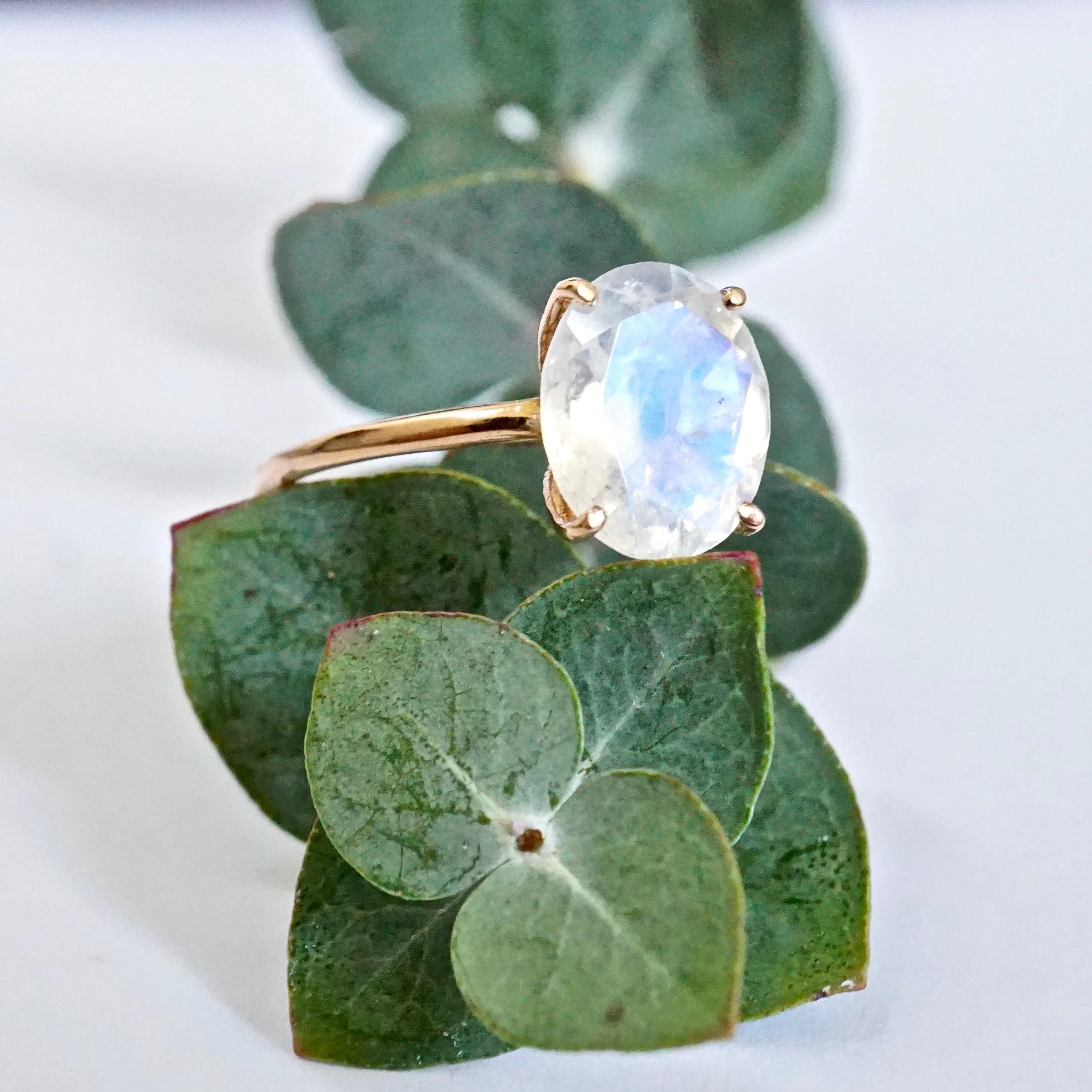 Oval Moonstone Solitaire Ring - Rainbow Moonstone Gold Ring - Moonstone Engagement Ring