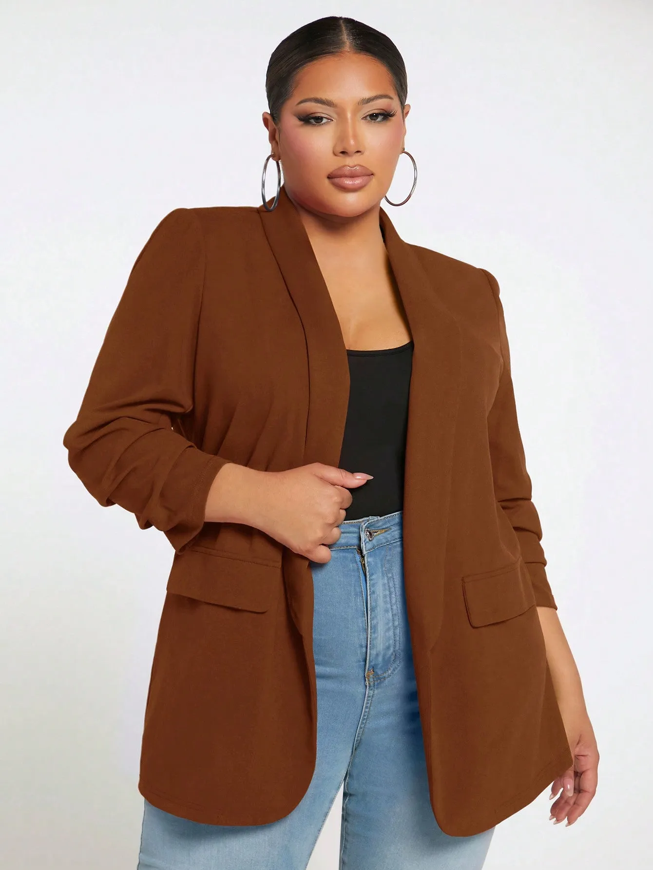 Plus Ruched Sleeve Open Front Blazer Coat