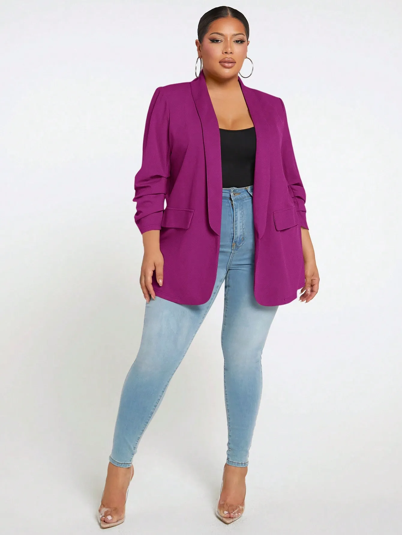 Plus Ruched Sleeve Open Front Blazer Coat