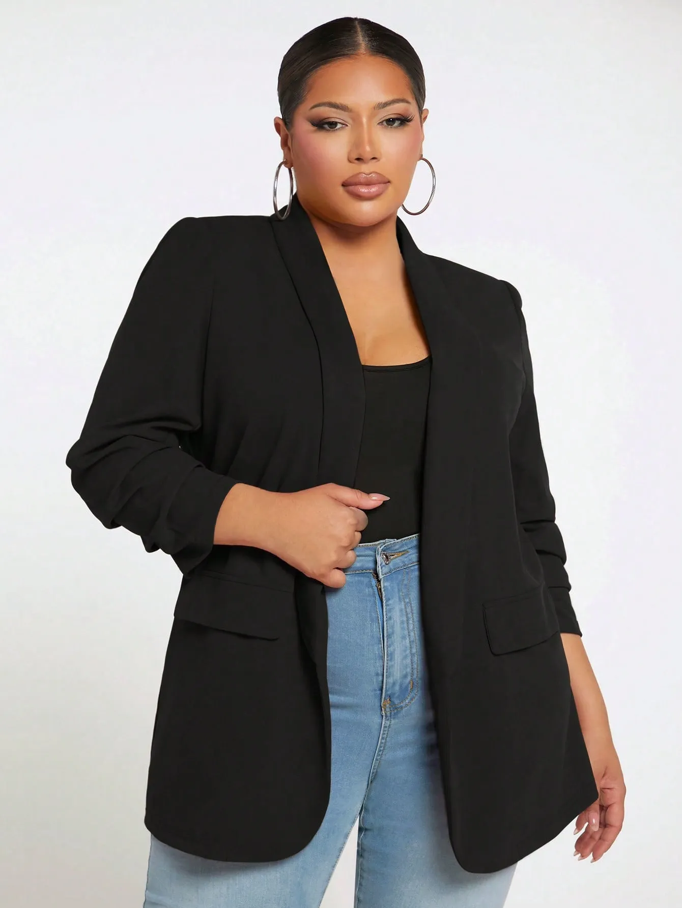 Plus Ruched Sleeve Open Front Blazer Coat