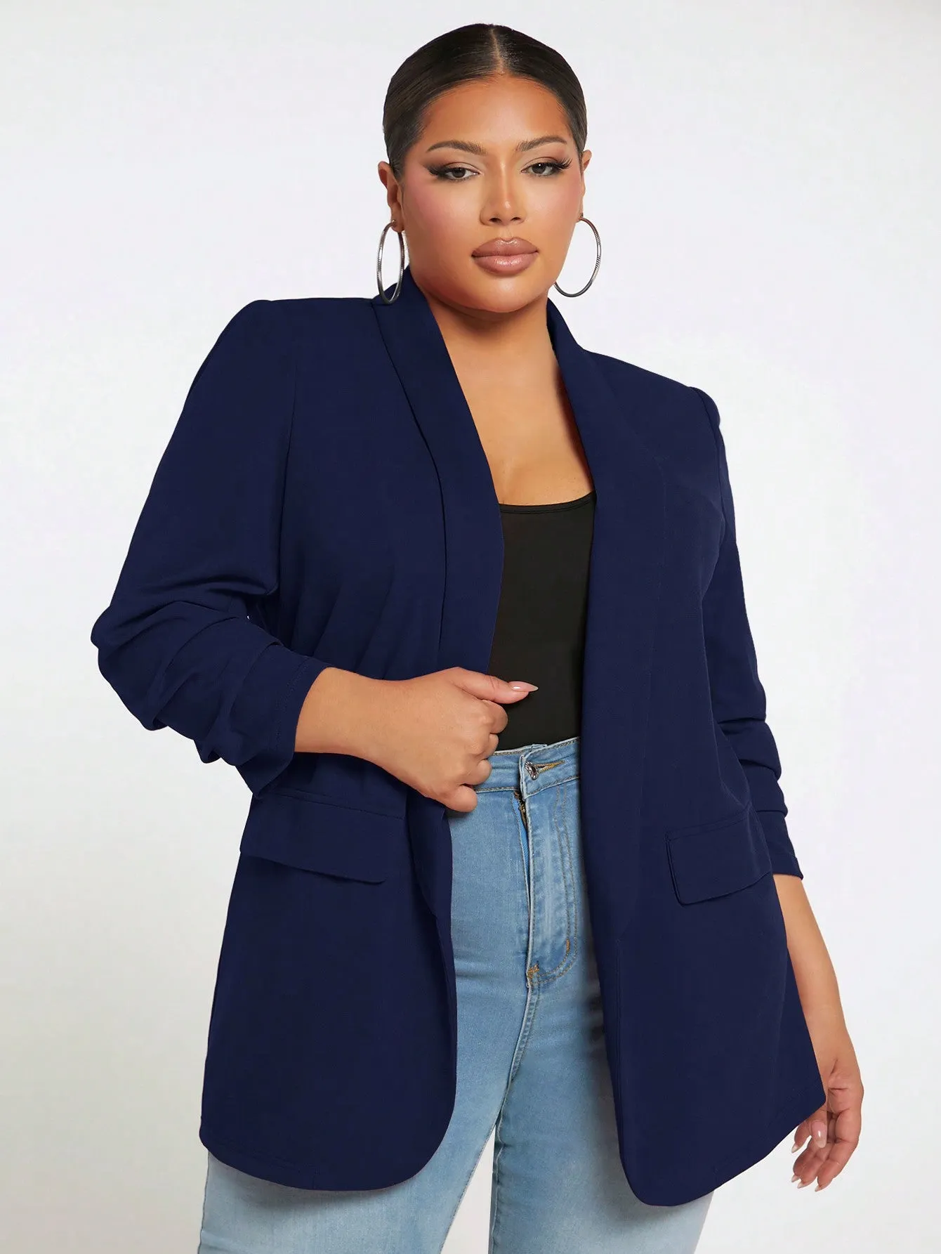 Plus Ruched Sleeve Open Front Blazer Coat