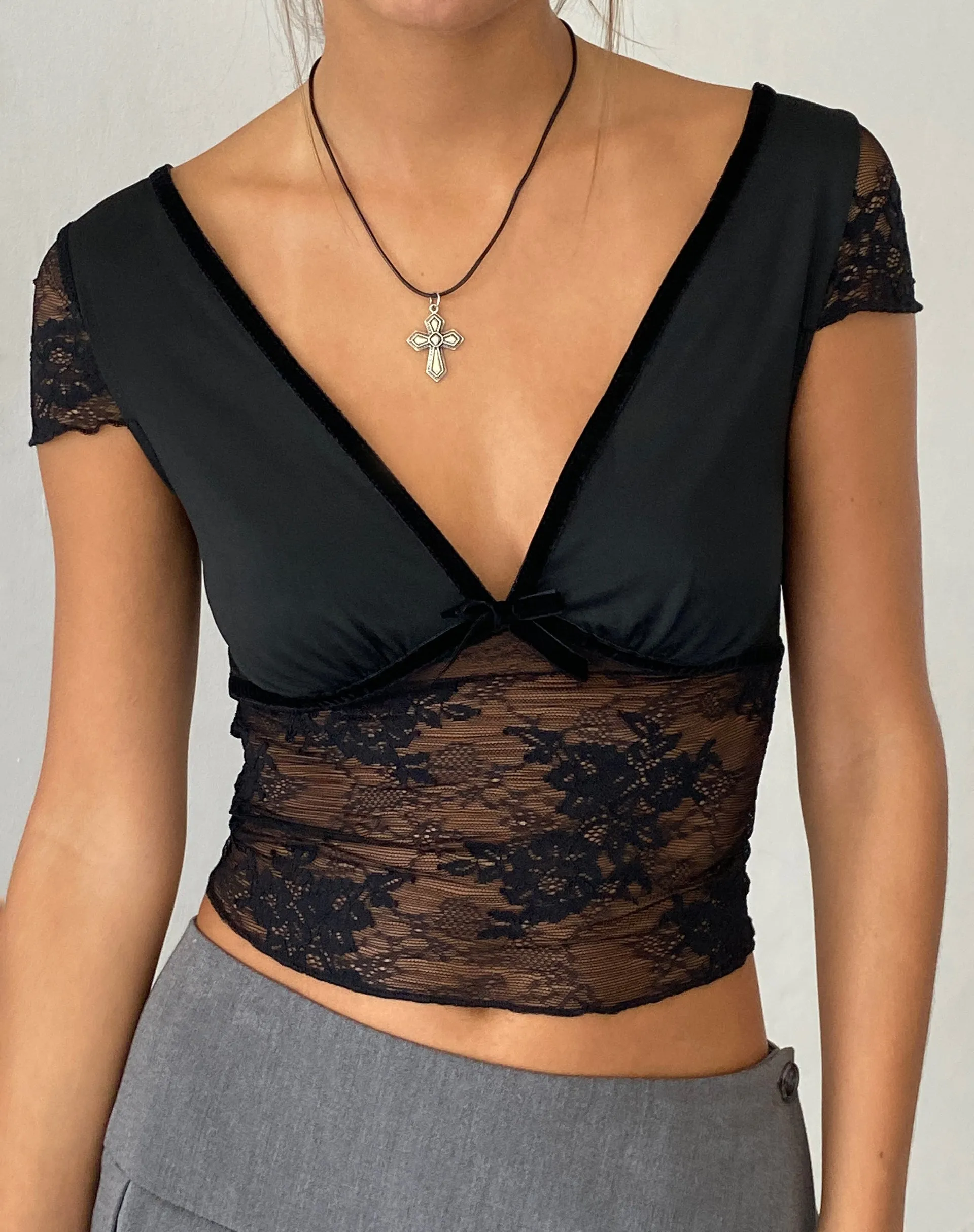 Prili Plunge Neck Top in Lace Black