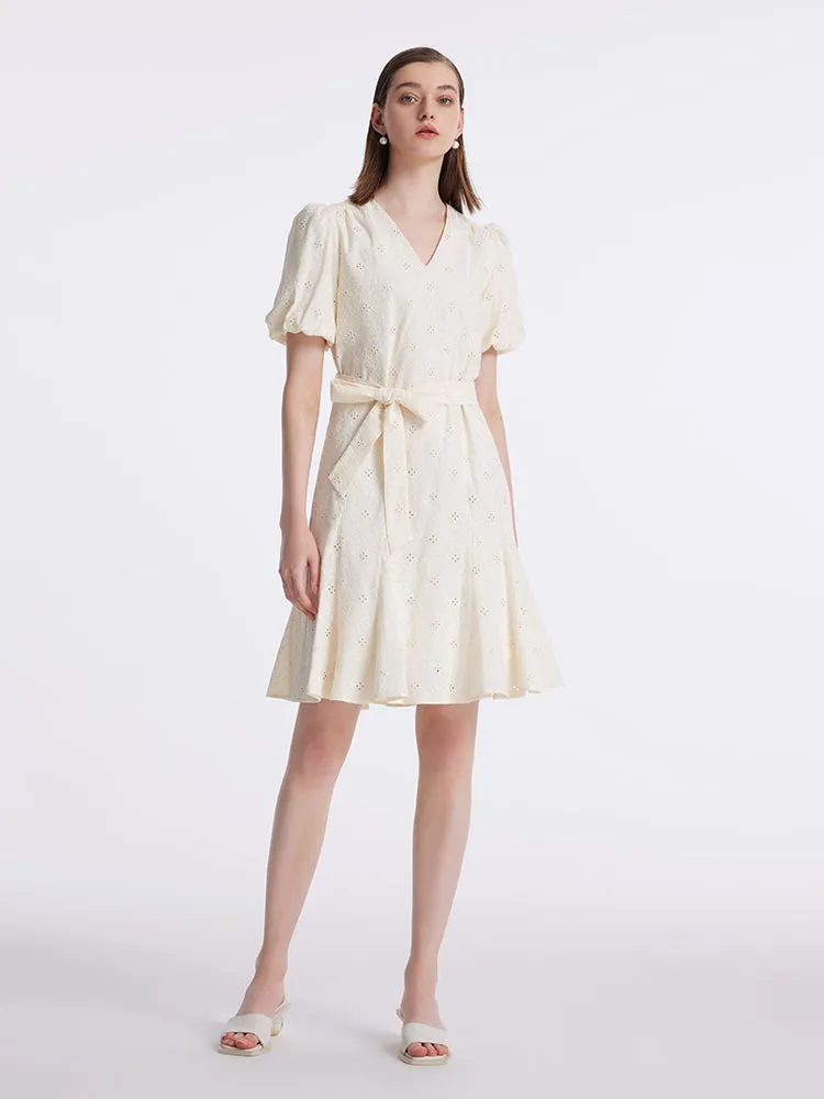 Puff Sleeves Ruffle Embroidered Women Mini Dress With Belt