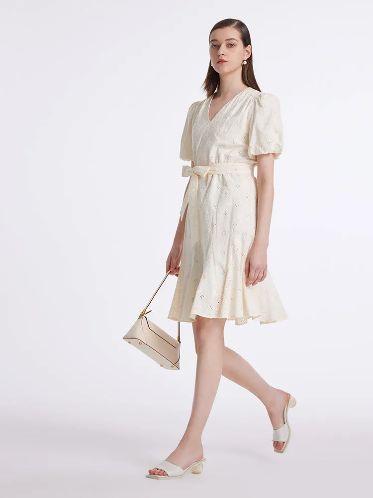 Puff Sleeves Ruffle Embroidered Women Mini Dress With Belt