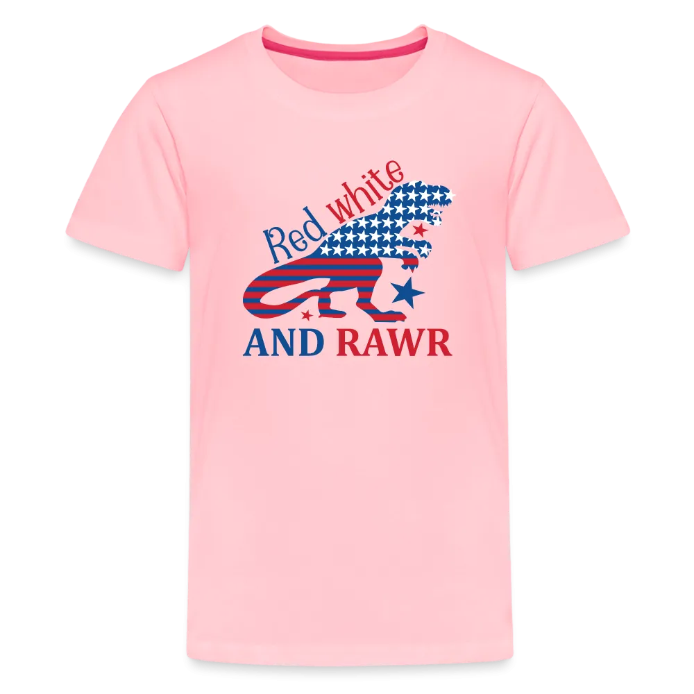 Roaring Patriot: Kids' Premium T-Shirt with American Flag Dinosaur