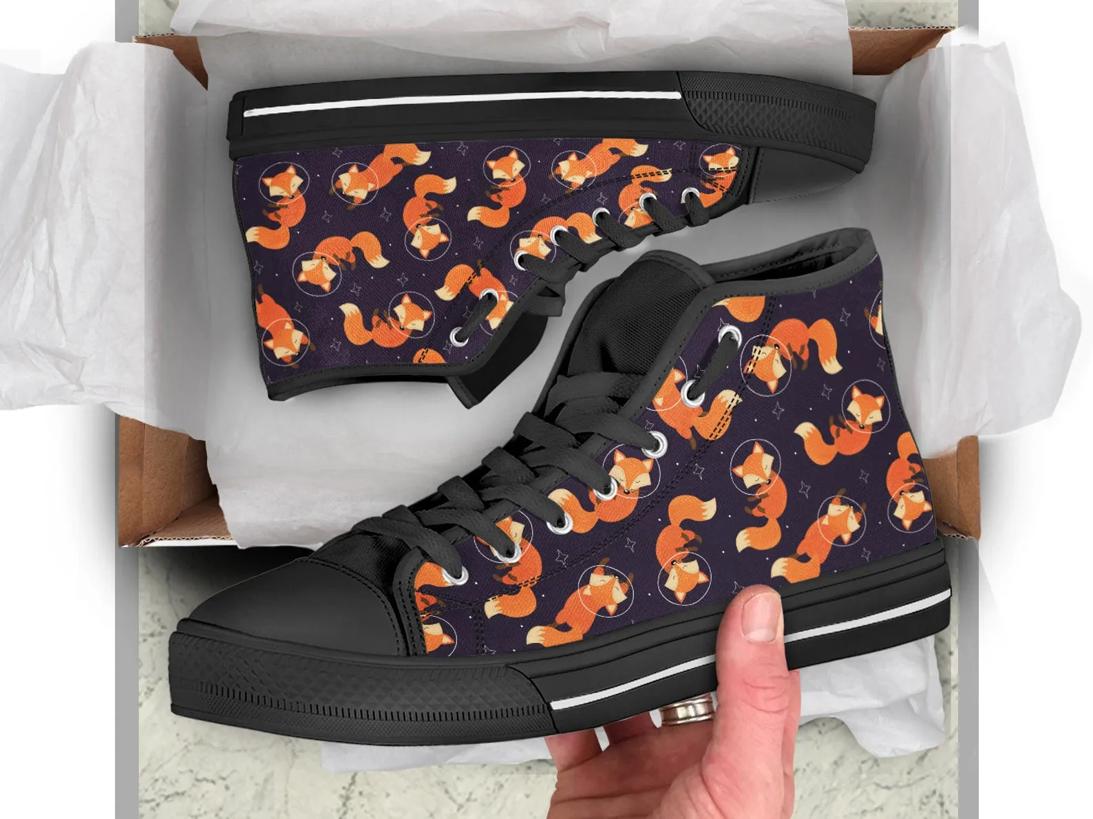 Space Fox Shoes Fox Pattern Sneakers Fox Print Cute Shoes Fox Lover Gifts Custom High Top Converse Style Sneakers For Adults Women & Men