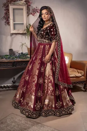 Traditional Deep Maroon & Gold Bridal Wedding Silk Lehenga Set